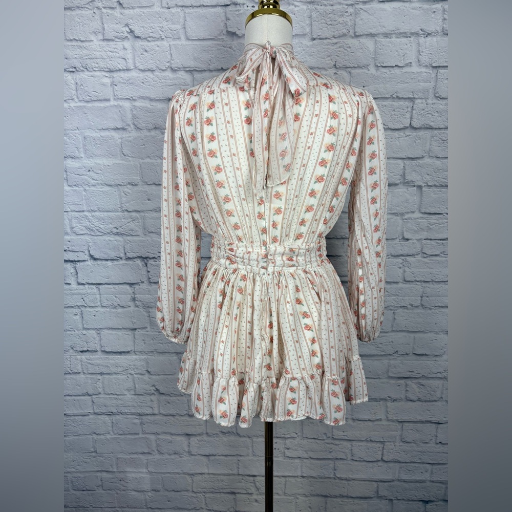 Anthropologie Let Me Be Pink Floral Combo Tie Mockneck Sheer Minidress  size XS - Picture 8 of 10